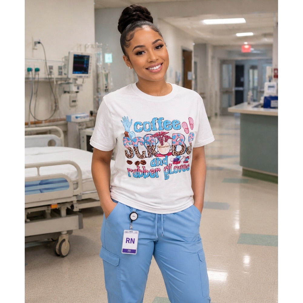 Gildan Heavy Cotton White Coffee Scrubs and Rubber Gloves Graphic T-Shirt Large